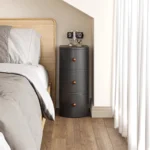 silindirik komodin, açık meşe bedside table, özel üretim modern komodin, japandi yatak odası mobilyası, contemporary yuvarlak komodin