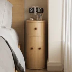 silindirik komodin, açık meşe bedside table, özel üretim modern komodin, japandi yatak odası mobilyası, contemporary yuvarlak komodin