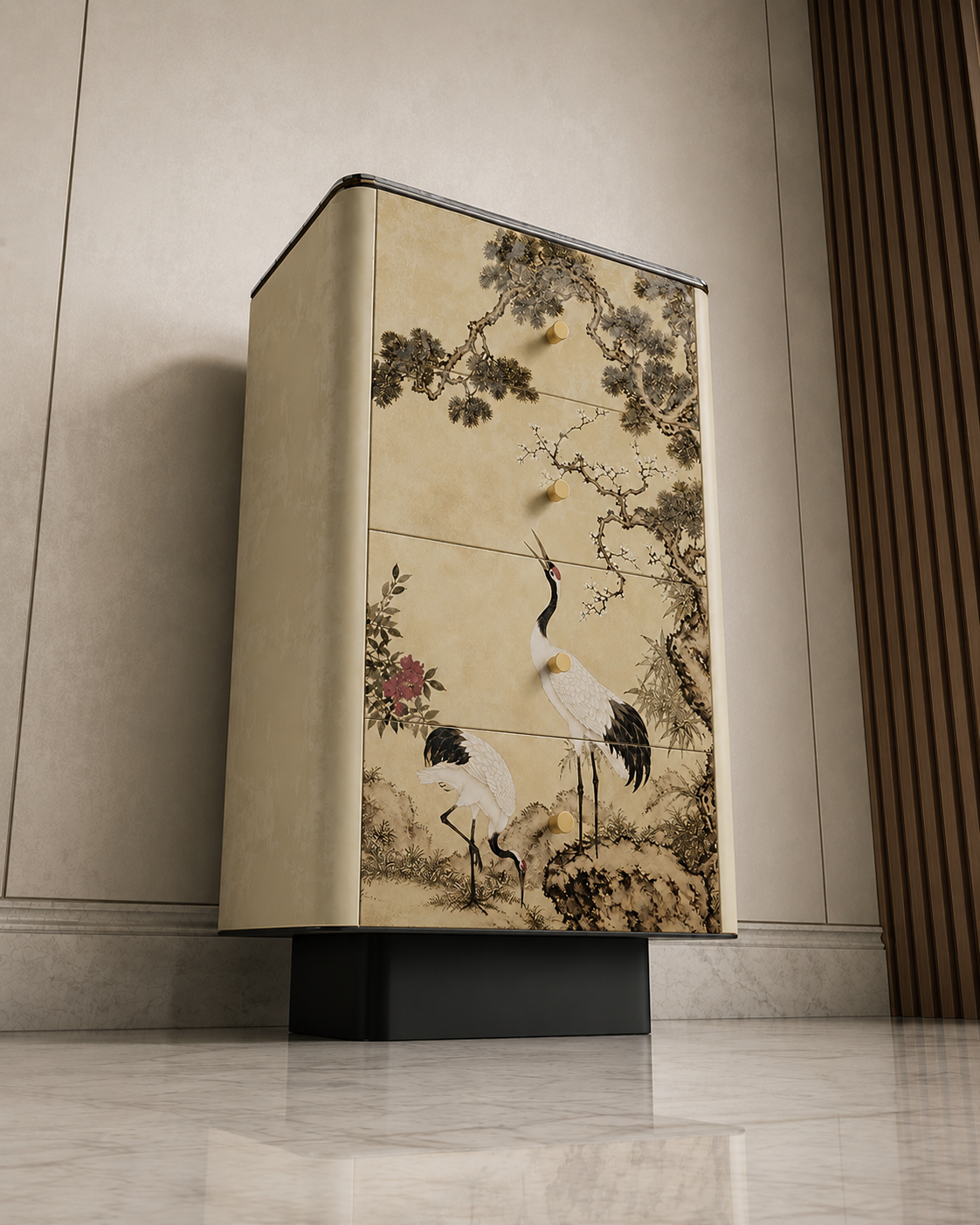 tsuru şifonyer, sanatsal luxury drawer cabinet, özel üretim oriental mobilya, contemporary collectible şifonyer, dekoratif panel dresser