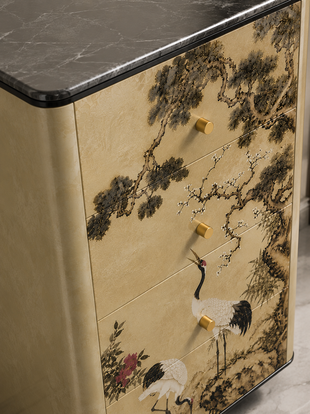 tsuru şifonyer, sanatsal luxury drawer cabinet, özel üretim oriental mobilya, contemporary collectible şifonyer, dekoratif panel dresser