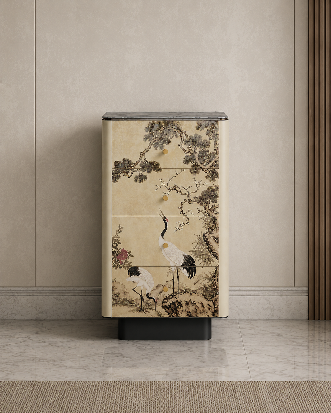 tsuru şifonyer, sanatsal luxury drawer cabinet, özel üretim oriental mobilya, contemporary collectible şifonyer, dekoratif panel dresser
