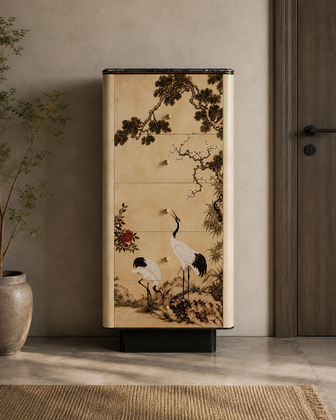 tsuru şifonyer, sanatsal luxury drawer cabinet, özel üretim oriental mobilya, contemporary collectible şifonyer, dekoratif panel dresser