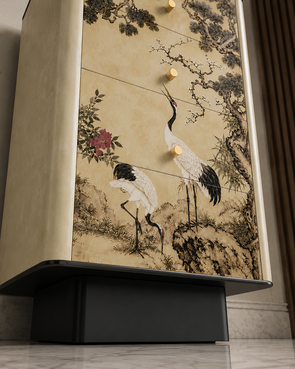 tsuru şifonyer, sanatsal luxury drawer cabinet, özel üretim oriental mobilya, contemporary collectible şifonyer, dekoratif panel dresser